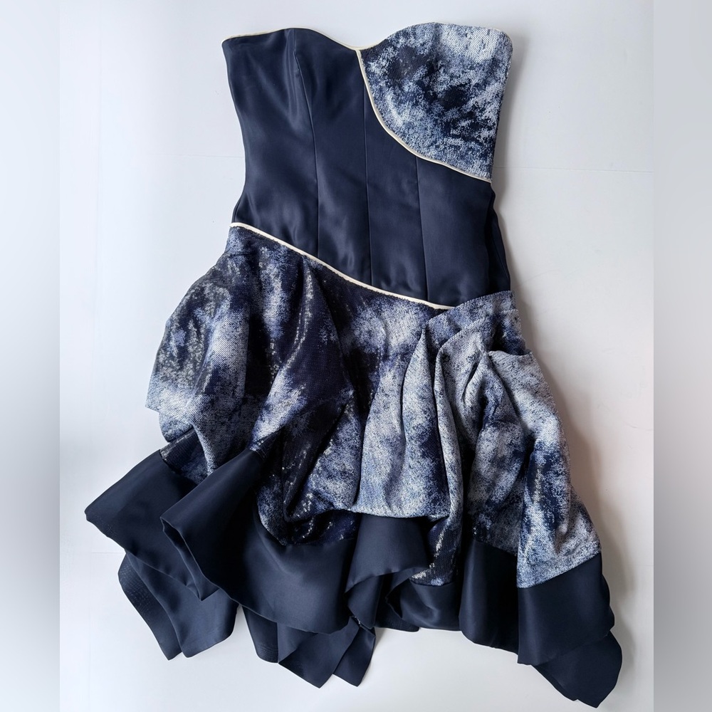 NWT Alex Teih Couture Avant Garde Navy Silk & Sequin Asymmetrical Midi Gown 10